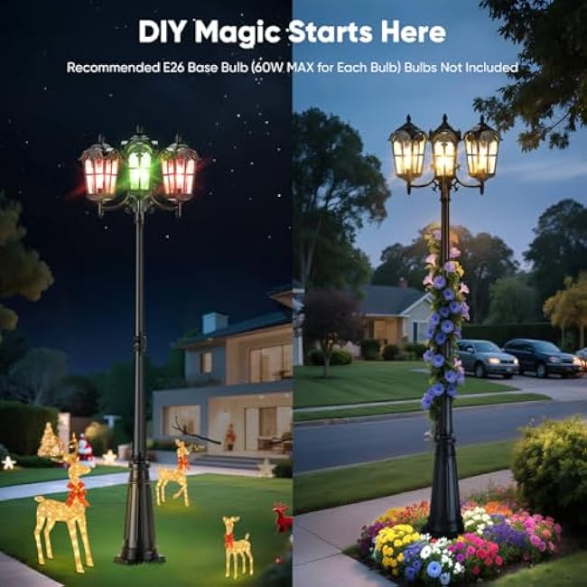 Dusk to Dawn Outdoor Post Lights, Black 3-Head Aluminum Street Lamp Posts Outdoor Lighting, Waterproof Hardwired Lamp Post Light Fixture with Water Glass Shades for Backyard (Bulb not Included)