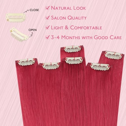 Image of WENNALIFE Red Clip in Hair Extensions Real Human Hair 35g 6pcs 14 Inch Colored Hair Extensions for Kids Women Colorful Hair Pieces Pop-up Style Straight Extensiones De Cabello Humano Con Clip
