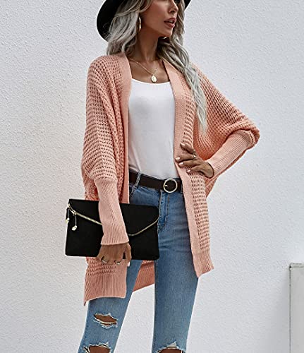 Image of Women's Waffle Cardigan Ribbed Cuffs Open Front Knit Sweater Batwing Long Sleeve Casual Loose Chunky Coat Outwear(S,pink2)