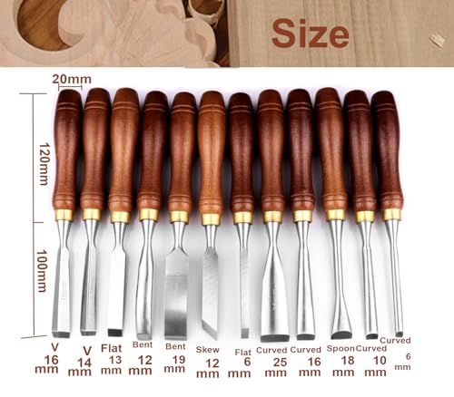 LWCUSNJ 12-Piece Wood Chisel Set,CR-V 60 Steel Blades Straight Edge V Chisel Gouge Carving Tools for Woodworking Beginners & Professionals with Storage Case - Image 2