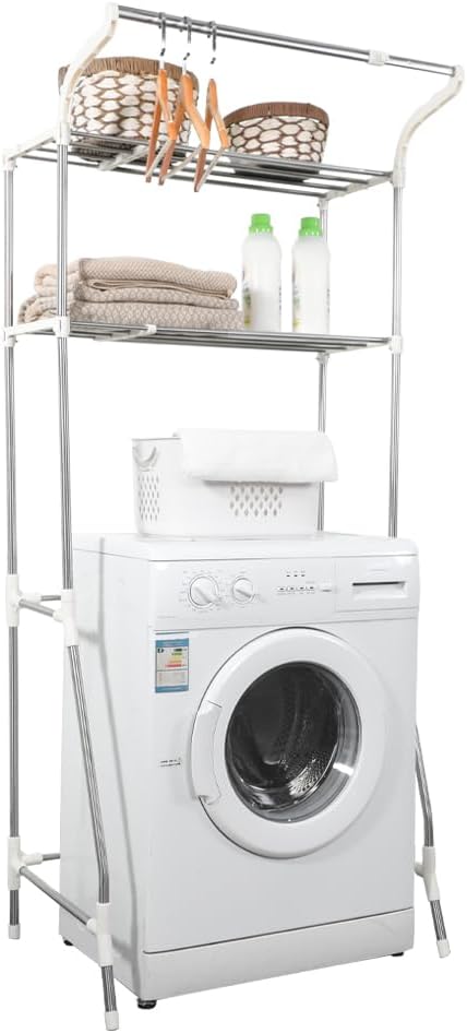 Hershii 2-Tier Over Washing Machine Storage Rack Adjustable Bathroom Utility Room Laundry Standing Shelf Units Above WC Toilet Space Saving Organiser with Clothes Hanging Rail - Ivory