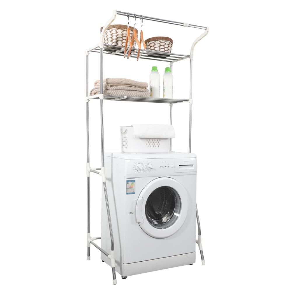 Hershii 2-Tier Over Washing Machine Storage Rack Adjustable Bathroom Utility Room Laundry Standing Shelf Units Above WC Toilet Space Saving Organiser with Clothes Hanging Rail - Ivory