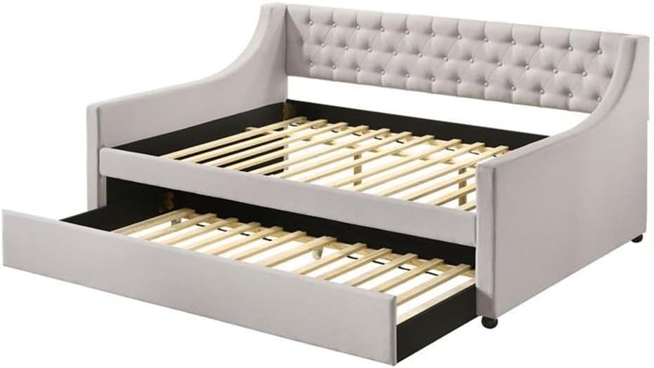 Acme Lianna Tufted Upholstered Full Daybed and Twin Trundle in Beige Fabric