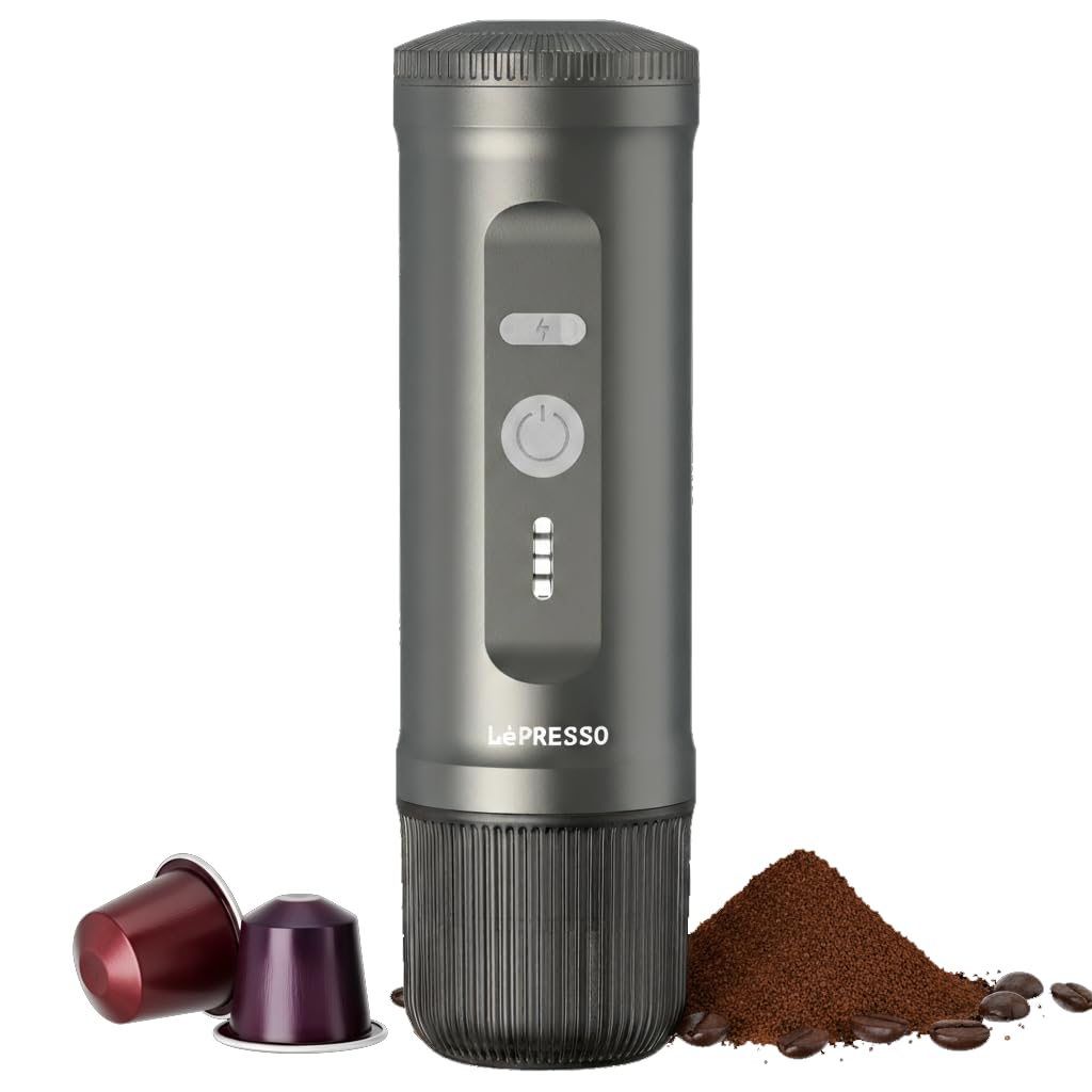 LePresso Mini Portable Espresso Maker, Self-Heating, Coffee Machine Compatible with NS Capsule & Ground Coffee, 20 Bar, 95W Power Quick Brewing, Cordless Travel Coffee Maker for Home, Car & Office Grey