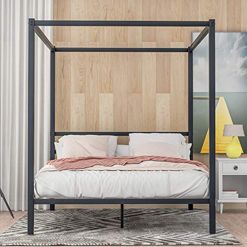 Tensun Canopy Bed Frame Queen,Metal Canopy Platform Bed Frame With Built-In Headboard,No Box Spring Needed, Classic Design, Black #TOP5