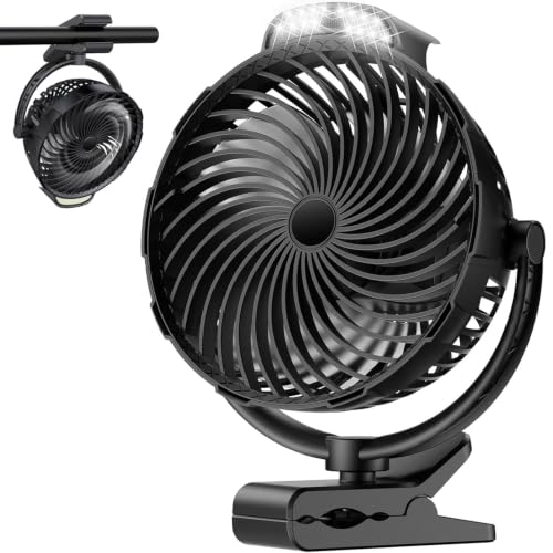 Gentsvip 8-Inch Rechargeable Clip on Fan, 10000mAh Portable Camping Fan with LED Light, 9-Speed Ultra Quiet Airflow, 30H Runtime, 360° Rotating Desk Fan for Golf Cart, Bedroom, Office, Dorm, Black