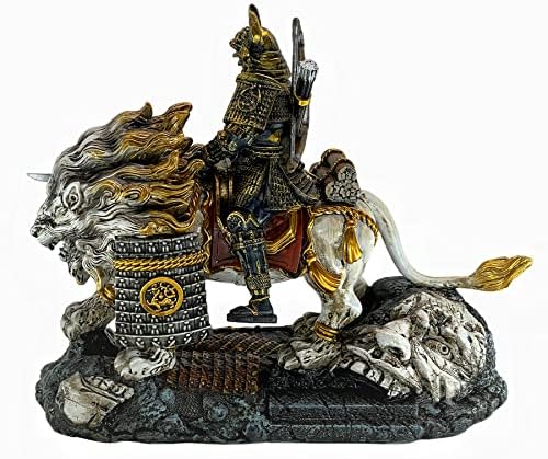 LOOYAR Medieval Ancient White Lion Samurai Warrior Resin Statue Ornament Figurine Craft for Home Living Room Porch Decoration Office Desk Desktop Table Arrangement Gift