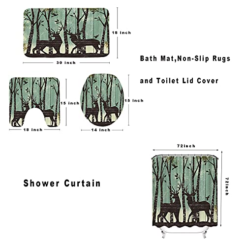 Ouelegent 4Pcs Deer Shower Curtain Sets With Rugs Toilet Lid Cover And Bath Mat Silhouette Of Elk Moose Family In Green Forest With Rustic Wood Bathroom Decor Wildlife Bath Curtain Accessories #TOP4