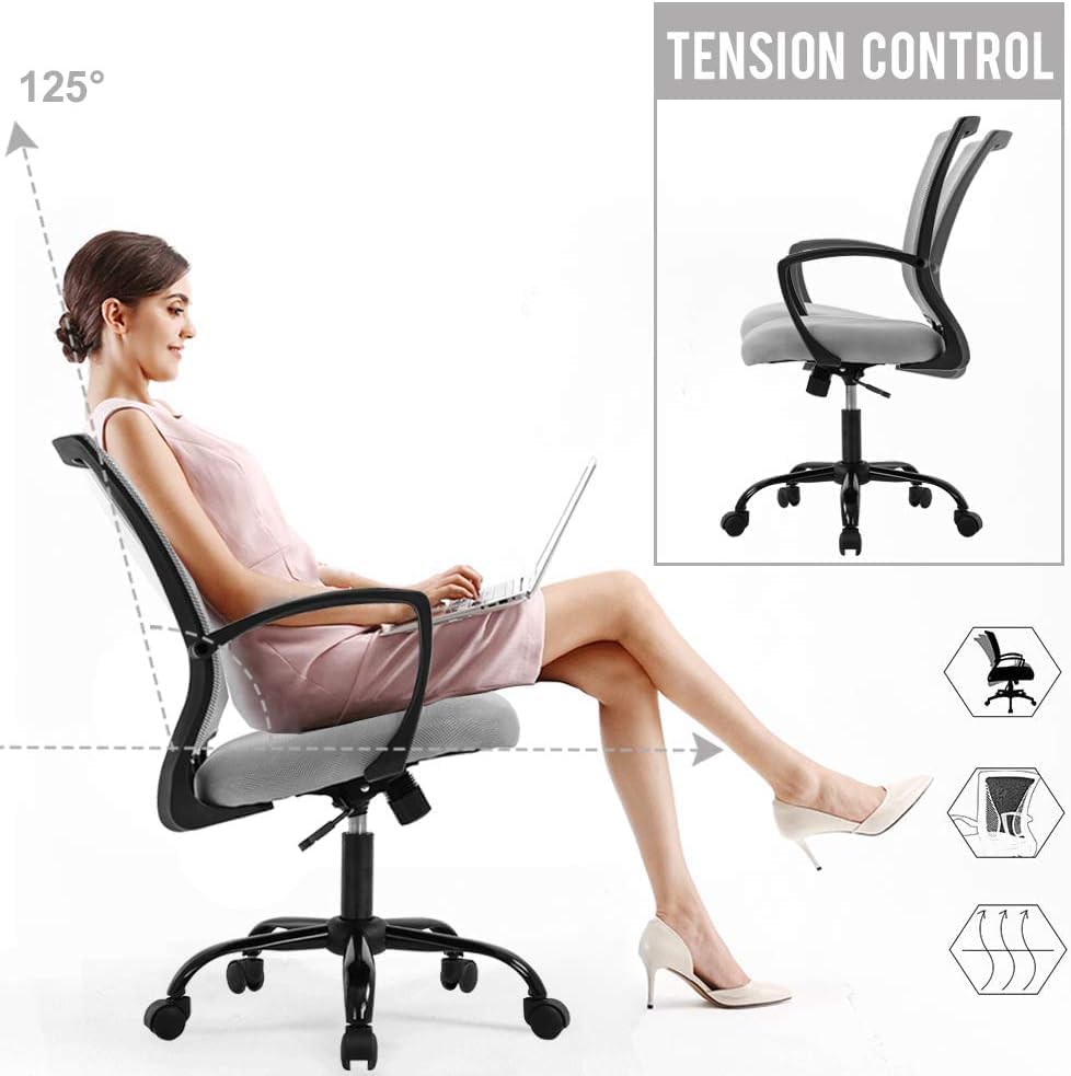 Office Chair Ergonomic Desk Chair Mesh Computer Chair with Lumbar Support Armrest Mid Back Rolling Swivel Task Adjustable Chair for Women Adults, Grey - Image 3