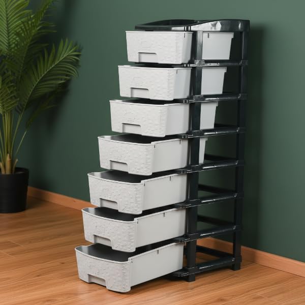 Image of KITCHIVO Plastic Modular Drawer Storage Chest Of Drawers Organizer Storage Box, Large Stomo Racks For Multipurpose Anti-slip Shoes Organizers (Grey, 7 Layer)