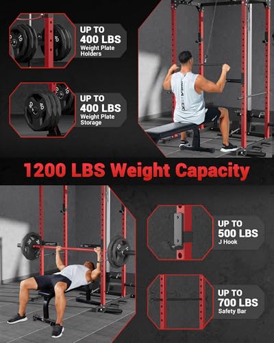 Power Cage, Power Racks for Home Gym with Pulley System, 1200LBS Weight Capacity Multi-Functional Squat Rack for Strength Workout with More Training Attachment (Red D1002)