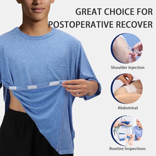 Image of Unisex Post Shoulder Surgery Shirts Recovery Tear Away Short Sleeve Chemo Clothing with Stick On Fasteners, Convenient