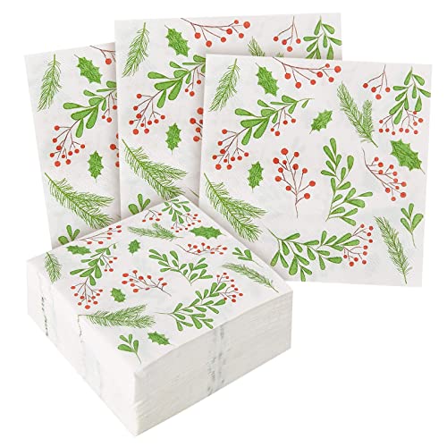 100-Pack Holly Berry Paper Napkins For Christmas Party, Holiday Decor, White (6.5X6.5 In) #TOP7