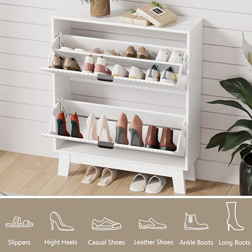 Image of HUANLEGO Shoe Cabinet Storage for Entryway with 2 Flip Drawers, Fluted Narrow Shoe Organizer with Wooden Legs, Freestanding Slim Shoe Storage Hidden Shoe Rack Organizer for Front Door Entrance, White