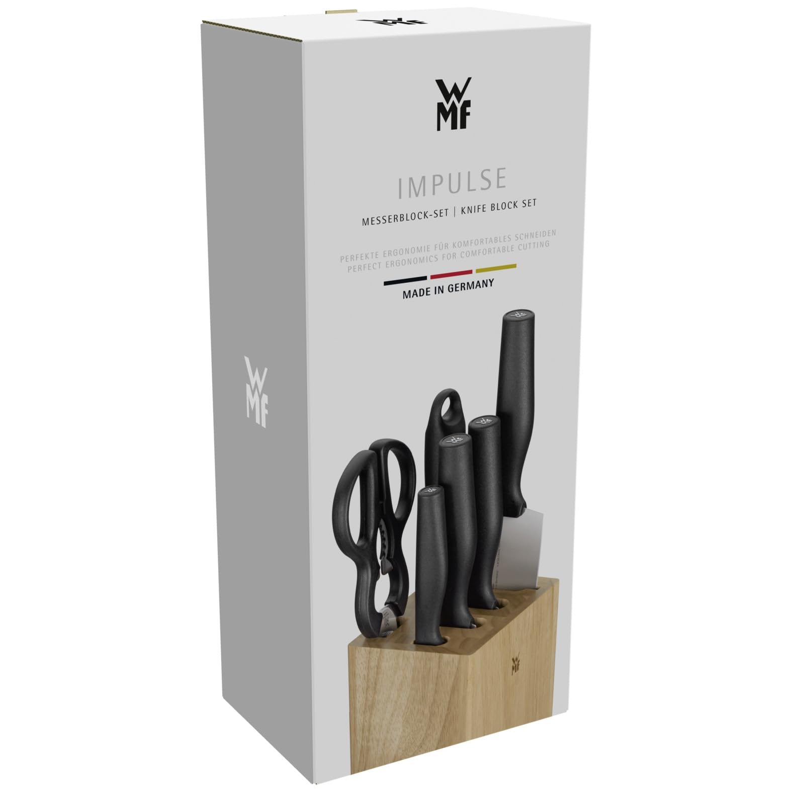 WMF Impulse Messerblock mit Messerset 7teilig, Made in Germany, 4 Messer, Küchenschere, Wetzstahl, Gummibaumholz, platzsparende Aufbewahrung, exzellente Schärfe, perfekte Ergonomie