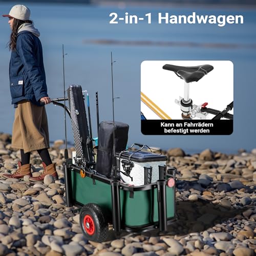 Wiltec Angelwagen mit Tasche, Angel Trolley bis 50 kg, Transportkarre mit 60 l Volumen, Bollerwagen mit Luftreifen, Transportwagen aus Stahl, auch als Lastenanhänger fürs Fahrrad