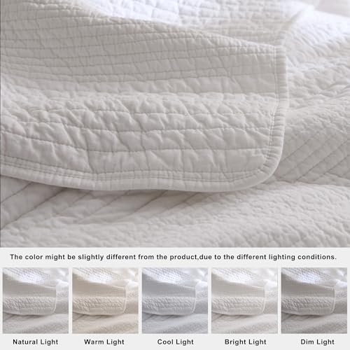 Image of palassio Striped White 100% Cotton Quilt Queen Size Bedding Sets, Lightweight Crinkly Channel Pick Stitch Textured Bedspread Soft Shabby Chic Farmhouse Country Coverlet for All Season, 2 Shams