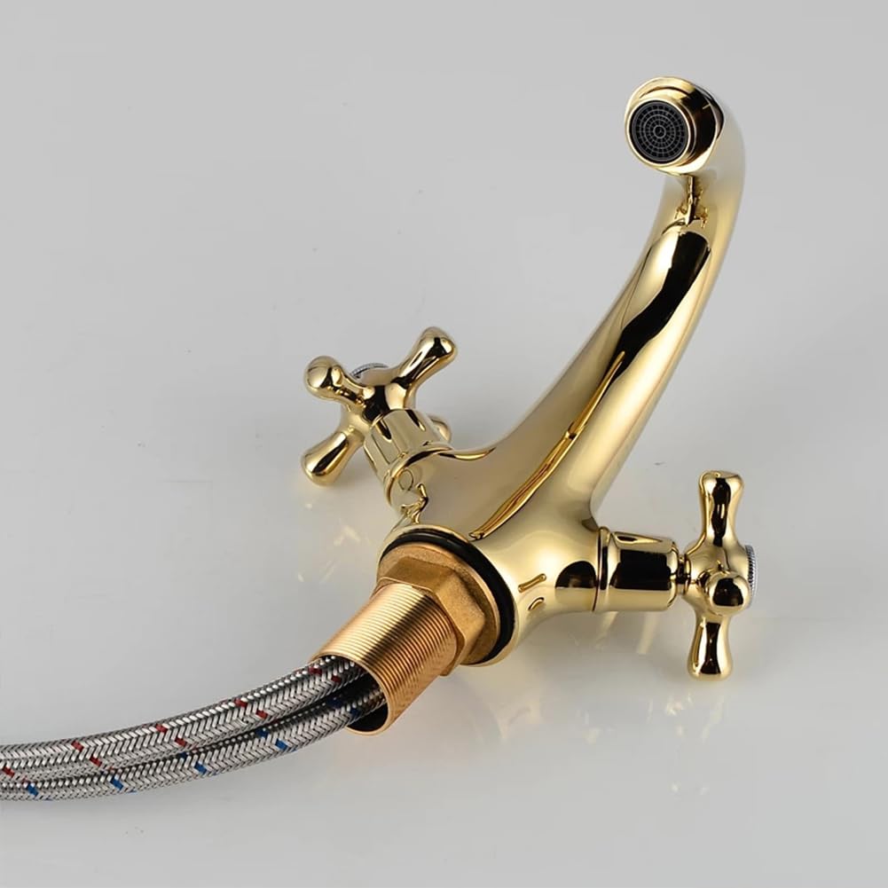 Grifo De Baño Grifo De Lavabo, Vintage Retro Estilo Latón Dos Mandos Mezclador De Lavabo, Ajustable Para Agua Fría Y Caliente, Oro