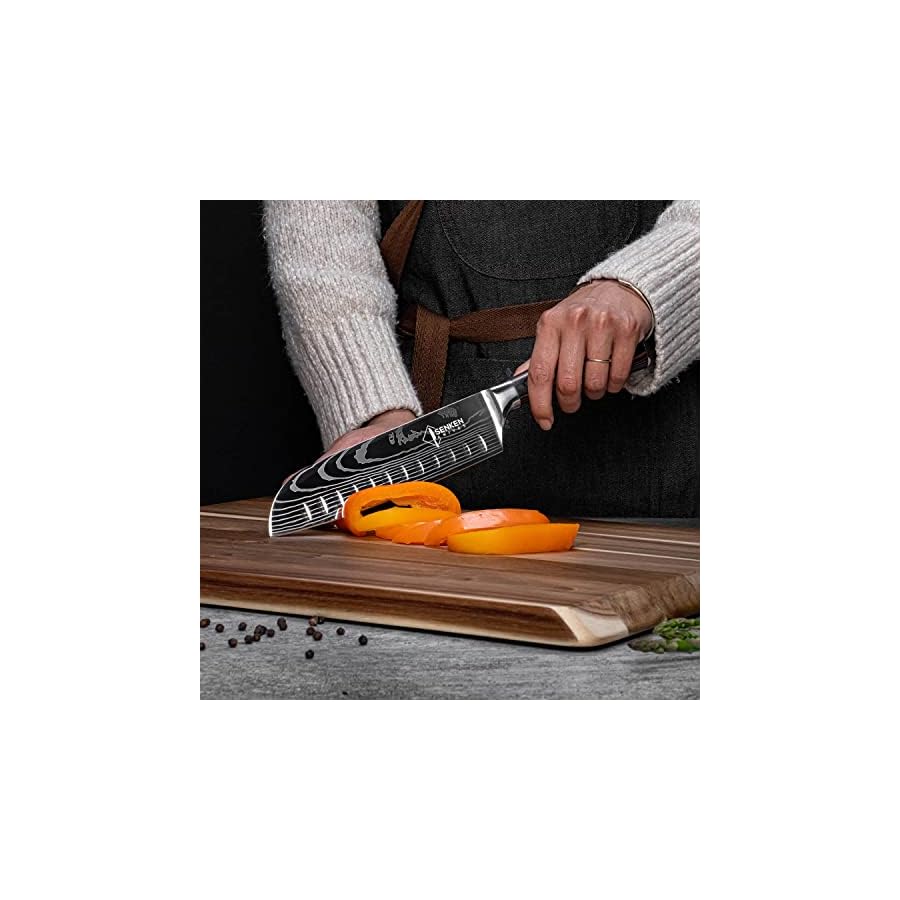 SENKEN 16-Piece Acacia Wood Knife Block Set with Laser Damascus Pattern - Includes Steak Knives, Kitchen Shears, Chef's Knife, Santoku, Cleaver & More
