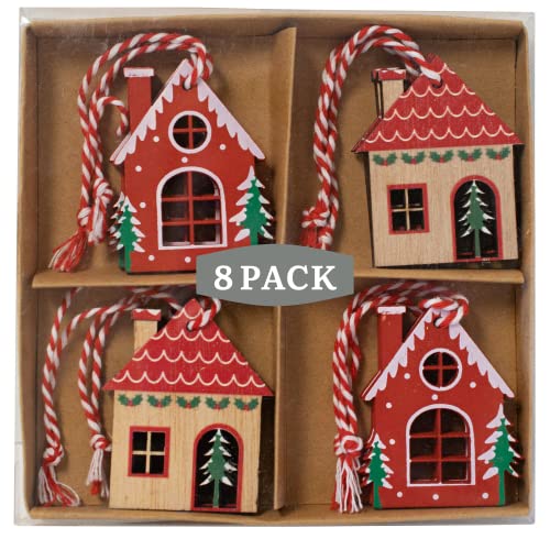 Wooden House Christmas Tree Ornaments - Set of 8 - Small Gingerbread House