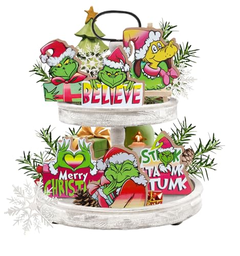 Guoofu Merry Christmas Tiered Tray Decor, Xmas Cartoon Max Dog Tray Decorations Set, Stink Stank Stunk Believe Winter Wooden Signs, Funny Holiday Farmhouse Rustic Home Decor for Table Shelf Party