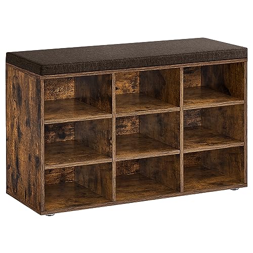 VASAGLE CUSTOS Collection - Shoe Bench, Storage Bench with Padded Seat, Entryway Bench with 9 Compartments, for Bedroom, 11.9 x 30.9 x 18.9 Inches, Rustic Brown and Chestnut Brown ULHS009B01