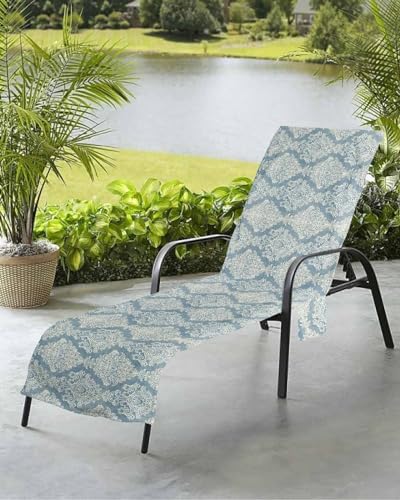 Beach Pool Patio Lounge Chaise Chair Cover Towel with Pockets,Blue Paisley Absorbent & Quick Dry Microfiber Towel Cover Bag Summer Travel Accessories Traditional Oriental Boho Tribal Mandala Floral
