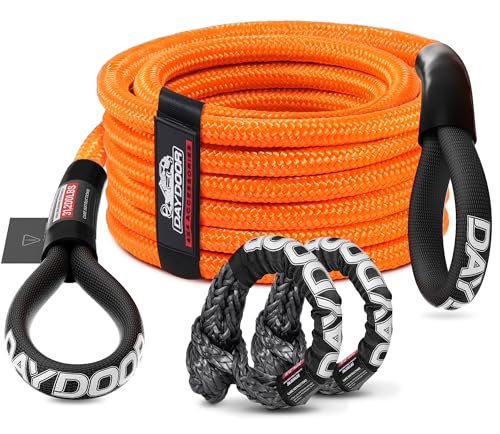 DAYDOOR Recovery Tow Rope Kit with 2 Soft Shackles, 7/16 Inch x 30 ft 31,200 Lbs UHMWPE Tow Strap, Synthetic Towing Rope Recovery Kit for ATV, UTV, SUV, Cars (Orange)