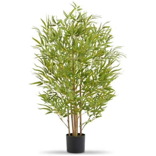 tectake® Albero di Bambù Artificiale, Foglie Realistiche, Vaso in Plastica, Decorazione per Soggiorno, Ufficio e Interni, Facile da Pulire, Arredamento - 120 cm