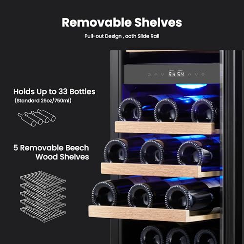 Image of Yeego Wine Fridge Cooler - 15 Inch Dual Zone Wine Fridge Hold 28 Bottles, 40-65F Wine Refrigerator Glass Door, Built in, Freestanding Under Counter Fridge for Beer Soda Drink Home Bar Office