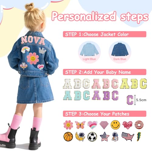 Personalized Jean Jacket for Kids with Name Patches - Custom Toddler Girls Boys Denim Jacket - Spring Fall Clothes - Birthday Christmas Gifts for Children 1-83