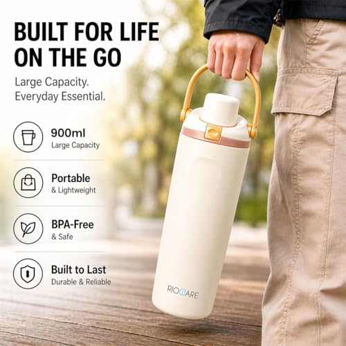 Image of Rioware 900ml Vacuum Insulated Stainless Steel Tumbler with Flip Cap | 304 Grade Steel | 8 Hrs Hot & 14 Hrs Cold | Leakproof Travel Coffee Mug | Large Capacity Water Bottle with Handle| BPA Free Cream