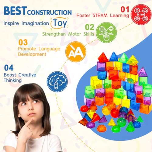 Image of 60 PCS 3D Shapes for Kids,Translucent Geometric Solids,Light Table Math Manipulatives for Teaching Geometry,Preschool & Kindergarten Classroom Homeschool STEM Learning Toy
