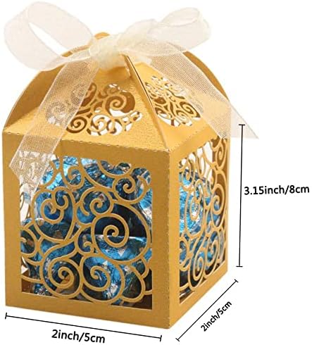 KPOSIYA 100 Pack Wedding Favor Boxes Laser Cut Boxes Party Favor Box Small Gift Boxes Lace Candy Boxes for Wedding Bridal Shower Baby Shower Birthday Party Anniverary with Ribbons (Gold - Image 5