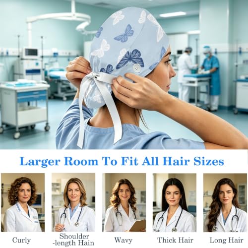 Image of Butterfly Scrub Cap Women with Ponytail & Buttons Adjustable Surgical Nurse Hat with Cotton Sweatband for Long Hair