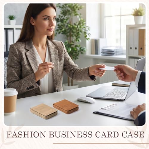 Image of Outus 2 Pcs Business Card Holder, PU Leather Business Card Case Pocket Wallet with Magnetic Shut for Men Women(Wood,Classic)