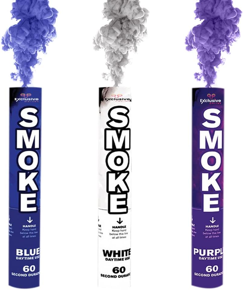 Pack of 3 Party Ring Pull Handheld Daytime Smoke for Paintball, Weddings, Photoshoots & Special Effects (Blue, White & Purple)