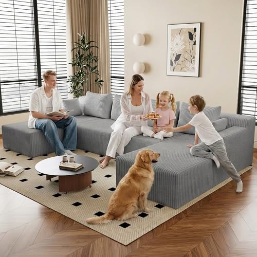 Image of 142 inch U-Shape Cloud Couch, Modern Modular Sectional U-Shape Sofa, Corduroy Boneless Couch Upholstered Couches Deep Seat Sleeper Chaise Longue for Living Room, No Assembly Required,Light Gray
