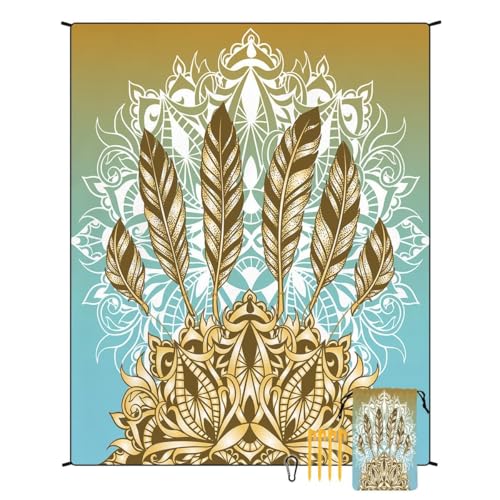 Vintage Gold Feather Beach Mat, Oversized Lightweight Outdoor Blanket for Beach Trip, Hiking and Family Gathering