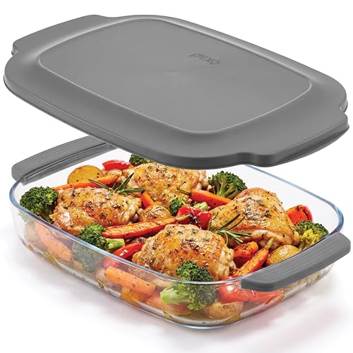Pexo Glass Baking Dish with Lid 9x13 Deep Lasagna Pan Easy Grip Silicone Handles Oven Safe Casserole Dish Freezer Dishwasher and Microwave Safe (Gray)