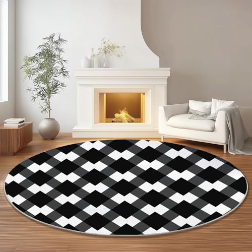 Alfombras Redondas Abstracto Geometría Combinación De Cuadrados Imprimir Antideslizante Alfombra Redonda 90 cm para Sala de Estar Dormitorio Estudiar Entrada, Pelo Corto Lavable Alfombras Negro Blanco
