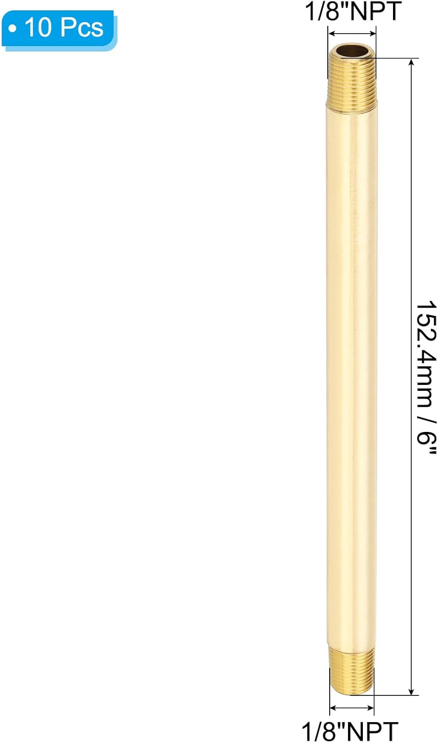 PATIKIL 1/8" x 1/8" NPT Male Brass Pipe Fitting Long Nipple, 10Pcs 6" Long Straight Pipe Fitting Connector Extender for Fuel, Air, Water, Oil, Gas System Connection, 1200PSI