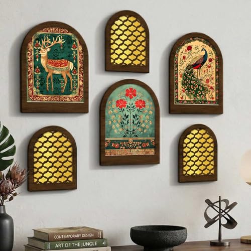 Image of Jharokha MDF Mirrors Home Decoration Items | Traditional Wall Decor Items for Living Room | Mirror Wall Hanging | Home Decor Items for Bedroom Office Set of 6 (9x12 inch & 7.5x9.5 inch)