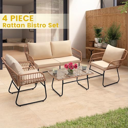 Image of Kromax 4-Piece Patio Bistro Outdoor Furniture Set, Natural /Beige | Outdoor All-Weather Wicker Furniture Chairs and Side Table Set, Ideal for Balcony, Porch and Backyard