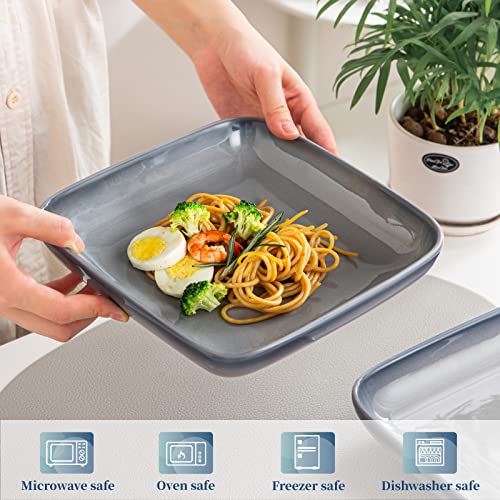 Lovecasa Square Pasta Bowls Set Of 4, Ceramic 8.25" Square Serving Bowls Dinner Plates, 32 Oz Large Pasta Bowls Salad Bowls, Cereal Dessert Plates, Gray #TOP3
