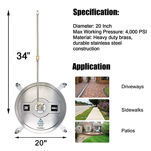 EDOU 20'' Pressure Washer Surface Cleaner Power Washer Accessory with 2 Extension Wand Attachments,4000 PSI
