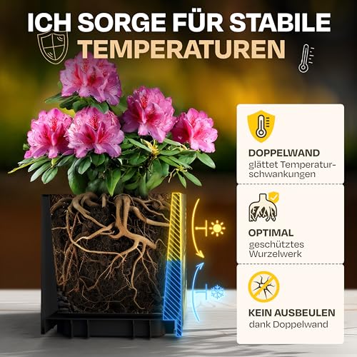 Ondis24 Pflanzkübel Vulkan Pierre 50, Blumentopf 50 x 50 cm, Garten Blumenkübel, Schiefer Optik Pflanzkübel mit Wasserspeicher, Pflanzenkasten hoch, Winterfest (Anthrazit)