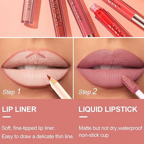 Nude Lip Liner and Lipstick Set, Lip Gloss Matte Long Lasting Pink Non-Sticky Waterproof Lip Stain Pencil Makeup - Image 5