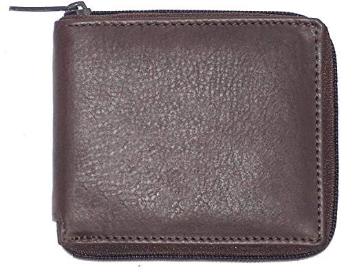 Texan Bull RFID Men's Leather Zipper wallet Zip Around Wallet Bifold Multi Card Holder (Brown)