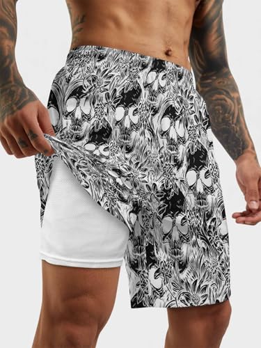Mens Swim Trunks with Compression Liner,Halloween Skeletons Men's Inseam Board Shorts Quick Dry Bathing Suit for Men/Boys2